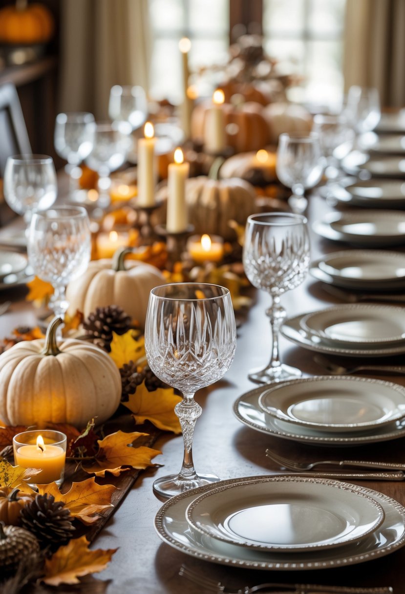 A dining table set for Friendsgiving with crystal wine and water glasses, autumn decorations, and place settings for 15 people.