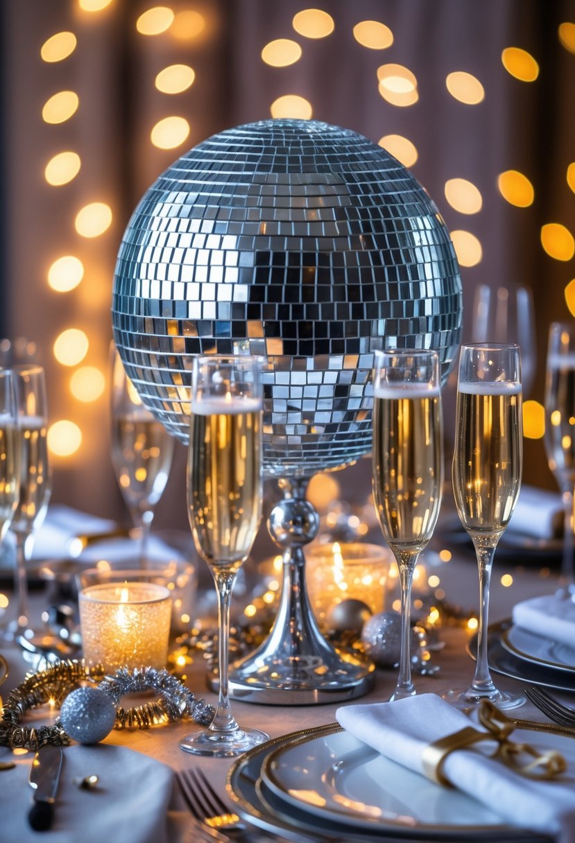 A New Year's Eve table set with a mirrored disco ball centerpiece, candles, champagne glasses, and festive decorations.