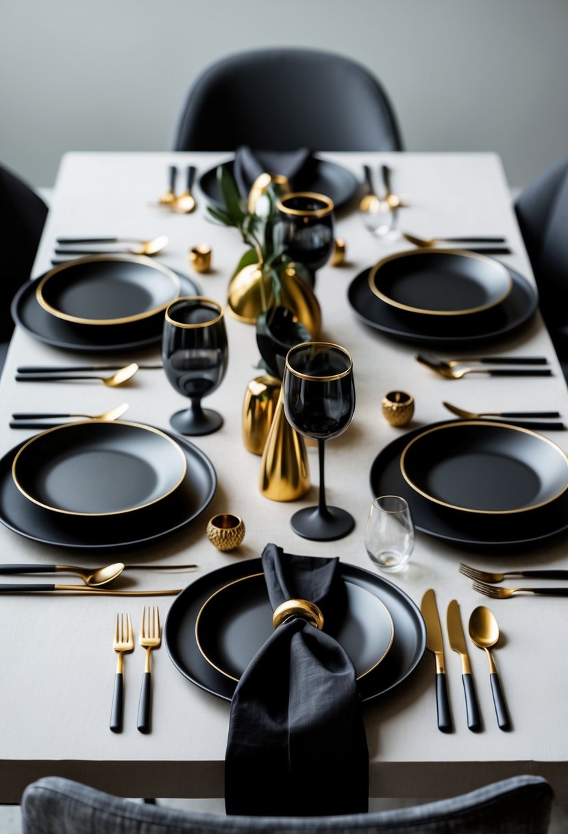 A dinner table set with matte black cutlery featuring gold handles, black plates, gold-rimmed glasses, and matching napkins arranged in multiple stylish place settings.