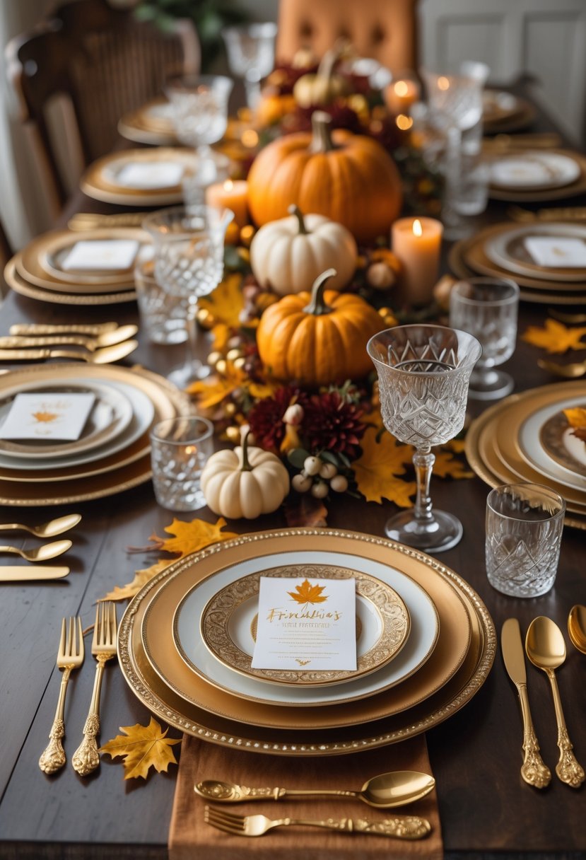A Friendsgiving table set for 15 with gold flatware, plates, glasses, and autumn decorations.