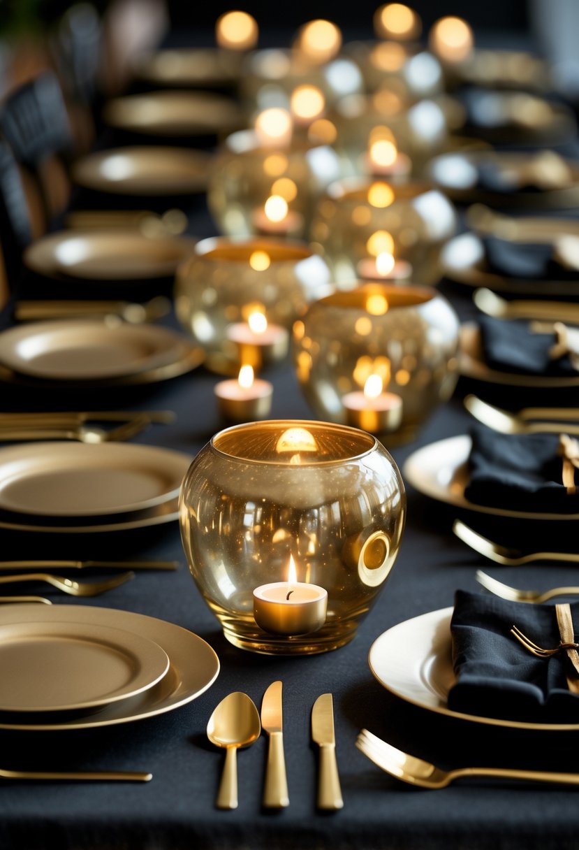A dinner table set with 15 gold mercury glass votive candle holders surrounded by black and gold plates, flatware, and napkins, illuminated by candlelight.
