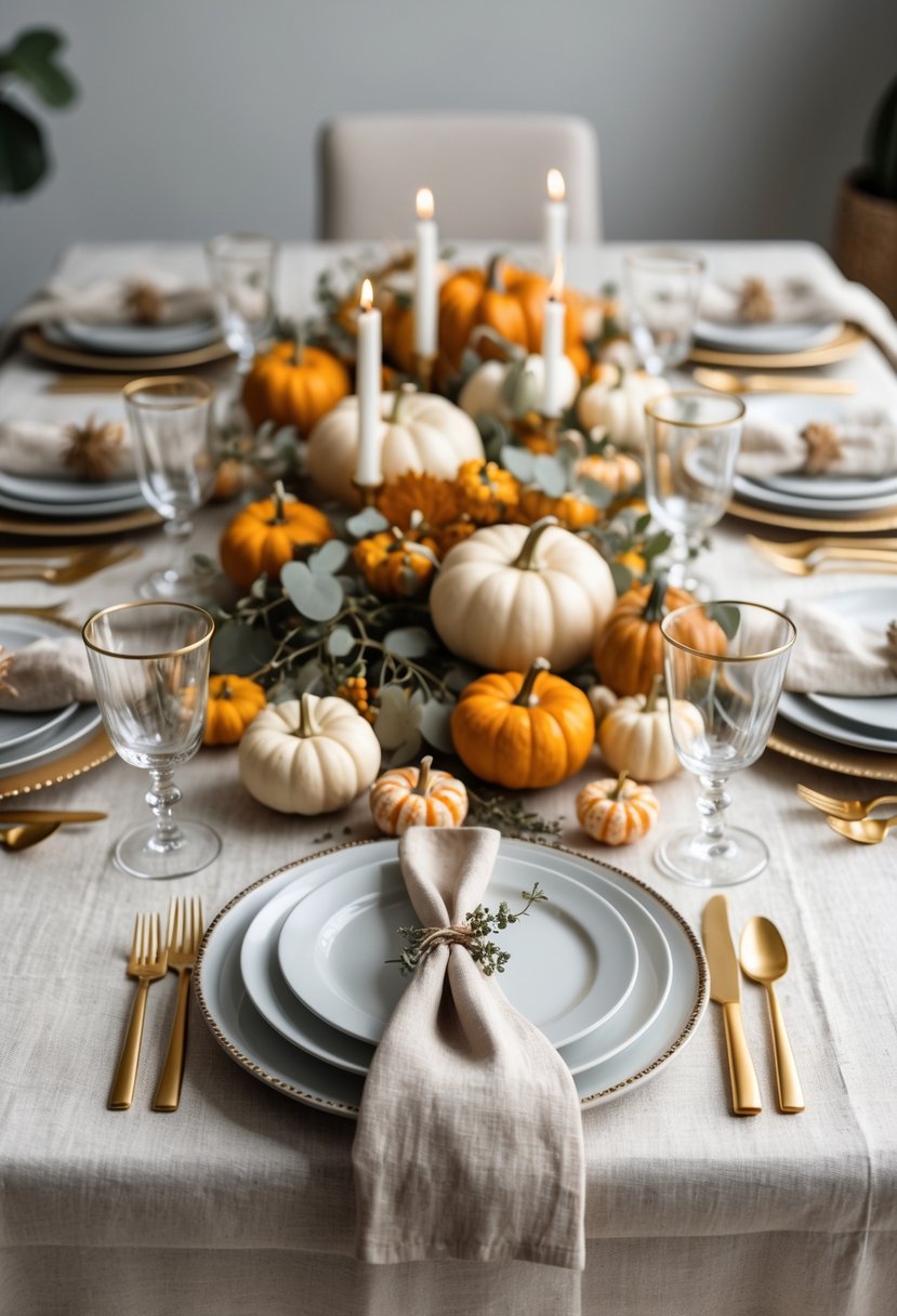 A large dining table set for a Friendsgiving meal with a neutral linen tablecloth, plates, cutlery, glassware, candles, and autumn decorations.