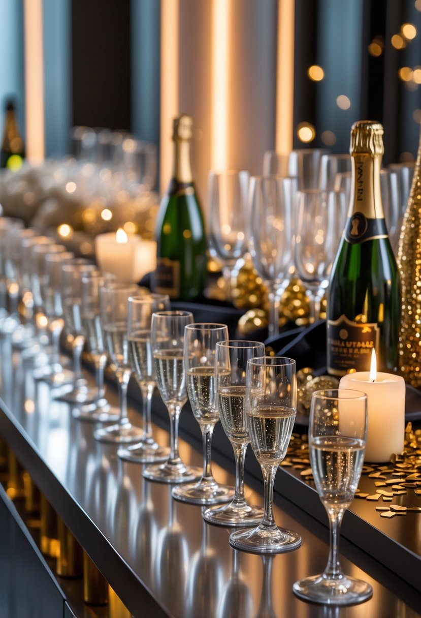A champagne bar station with elegant glassware and sixteen stylish New Year's Eve table settings decorated with candles and festive accents.