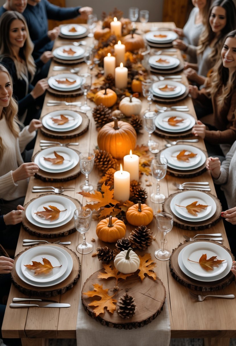 A group of 15 friends gathered around a table set with rustic wooden chargers, white plates, and fall decorations for a festive meal.