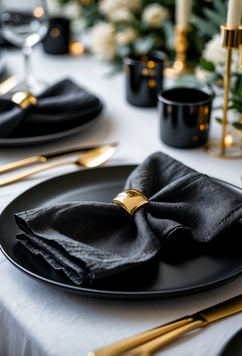 A dinner table with black linen napkins held by gold napkin rings, surrounded by black plates and gold flatware.