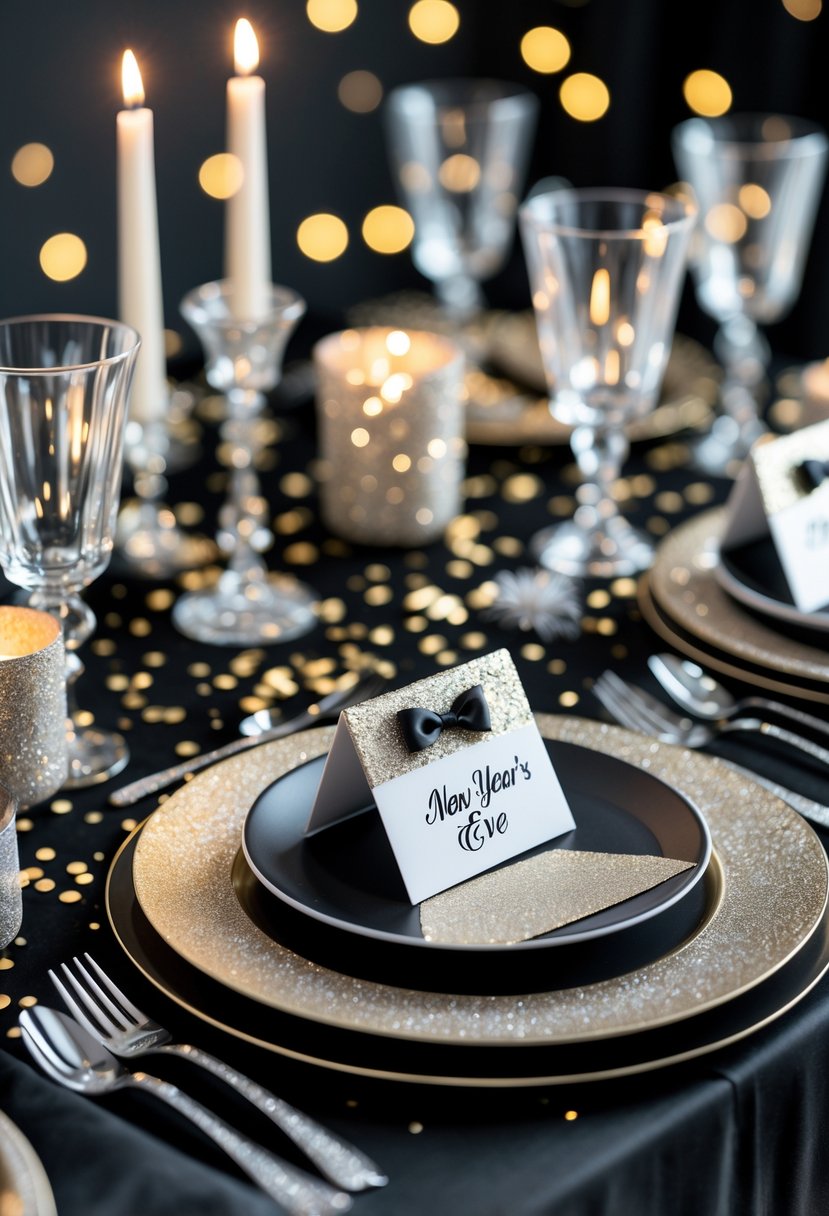 A festive New Year's Eve table set with glittery personalized name cards, sparkling decorations, plates, glassware, and candles.
