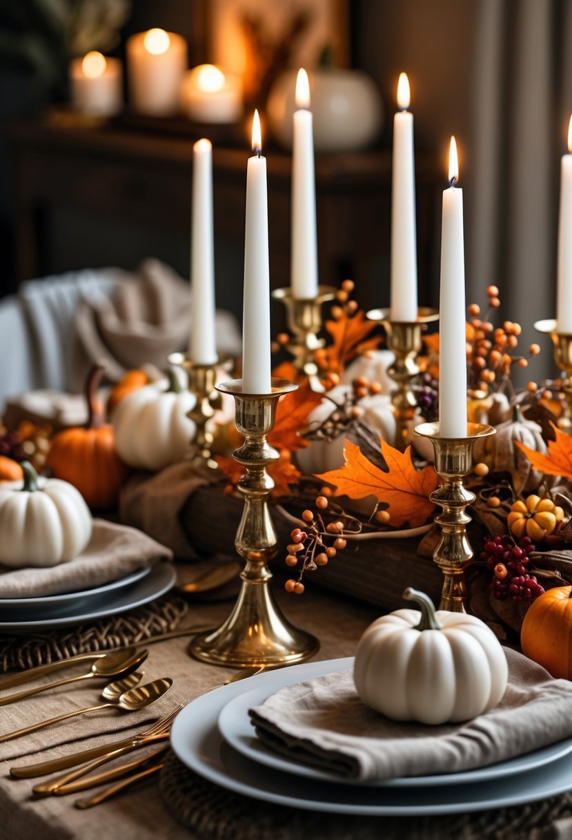 A Friendsgiving dining table set with white taper candles in brass holders surrounded by autumn decorations and warm lighting.