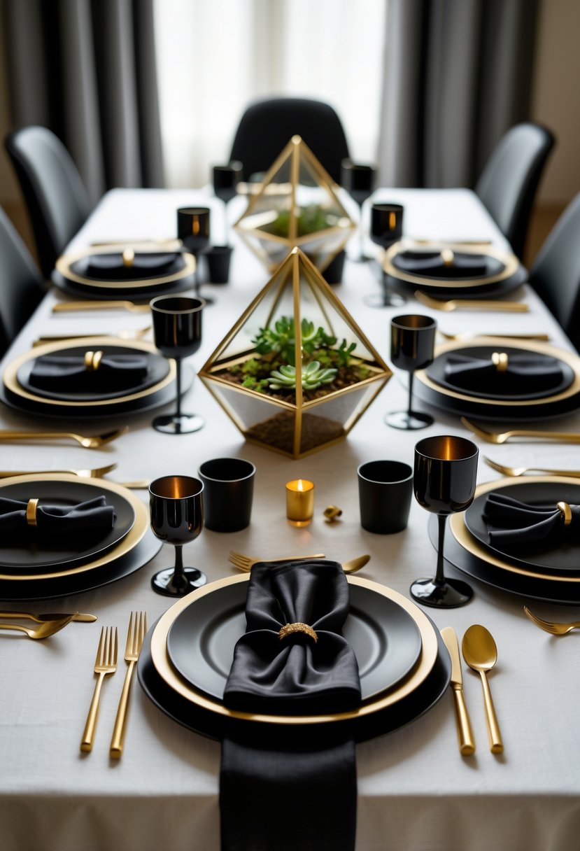 A dinner table with a gold geometric terrarium centerpiece and 15 black and gold place settings arranged neatly.