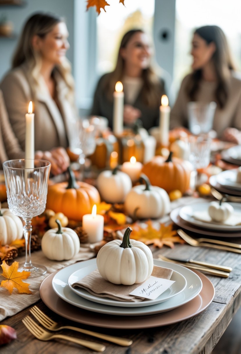 A Friendsgiving table set with mini white pumpkins as place markers, surrounded by autumn decorations, plates, cutlery, and glasses.