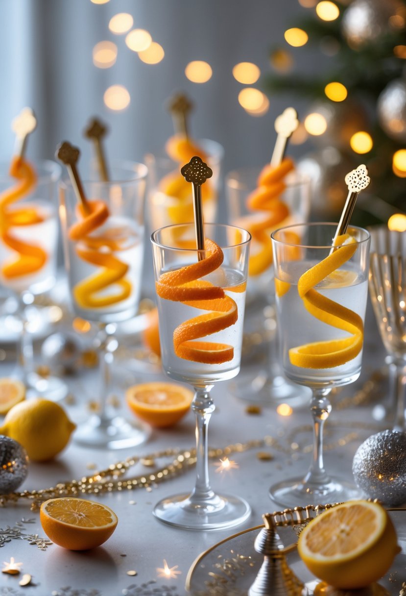 A table set for New Year's Eve with sixteen cocktails garnished with orange and lemon twist stirrers, surrounded by festive decorations.