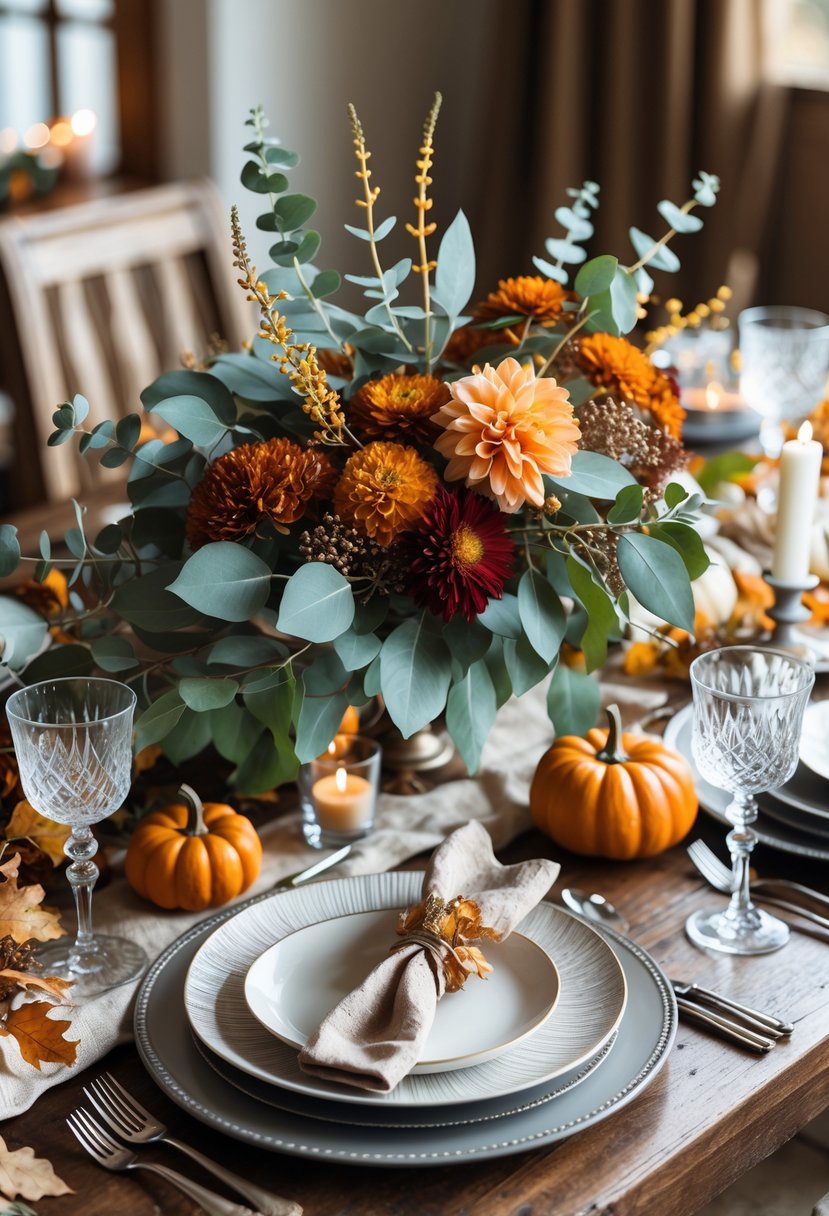 An autumn-themed floral centerpiece with eucalyptus and seasonal flowers on a Friendsgiving table set with dinnerware, silverware, and glassware.