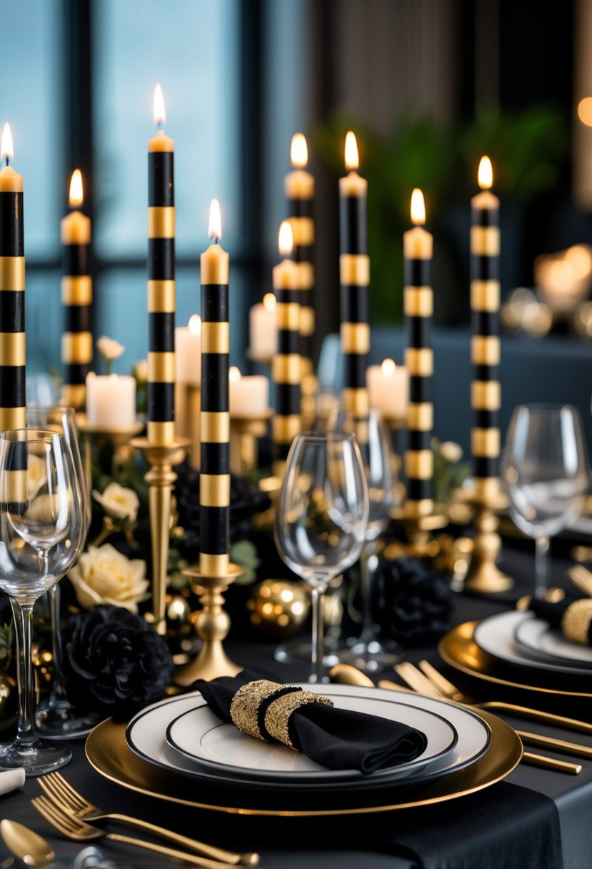 A dinner table set with black and gold striped taper candles, black and gold plates, cutlery, and glassware, with lit candles creating a warm glow.