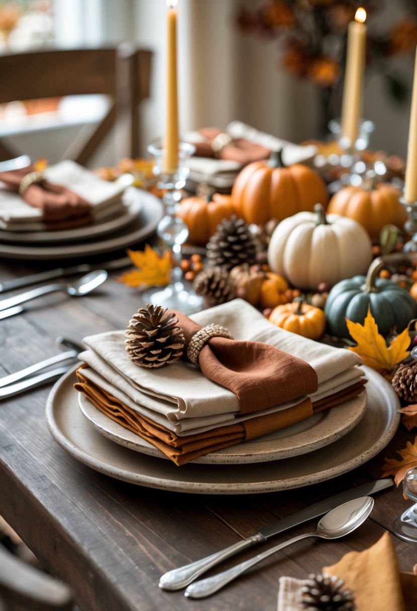 A Friendsgiving table set with layered cloth napkins in warm earth tones, surrounded by plates, silverware, and autumn decorations like pumpkins and candles.