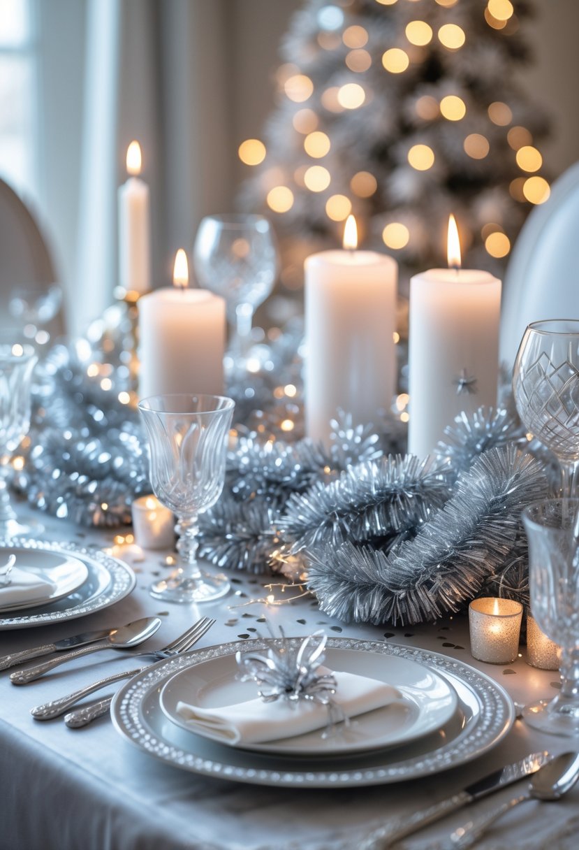 A New Year's Eve table set with silver tinsel garlands, candles, glassware, and festive decorations.