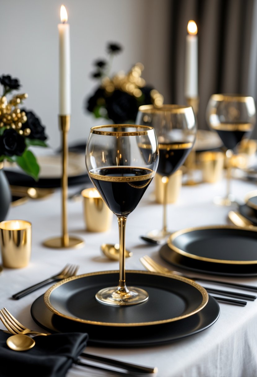 A dinner table set with gold-rimmed wine glasses with black stems, black plates, gold cutlery, and black and gold decorative elements.