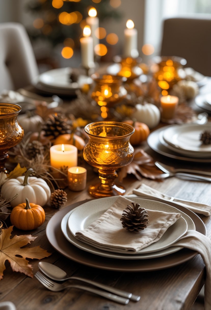 A warmly lit Friendsgiving table with vintage amber glass votive holders, autumn decorations, and neatly arranged place settings.