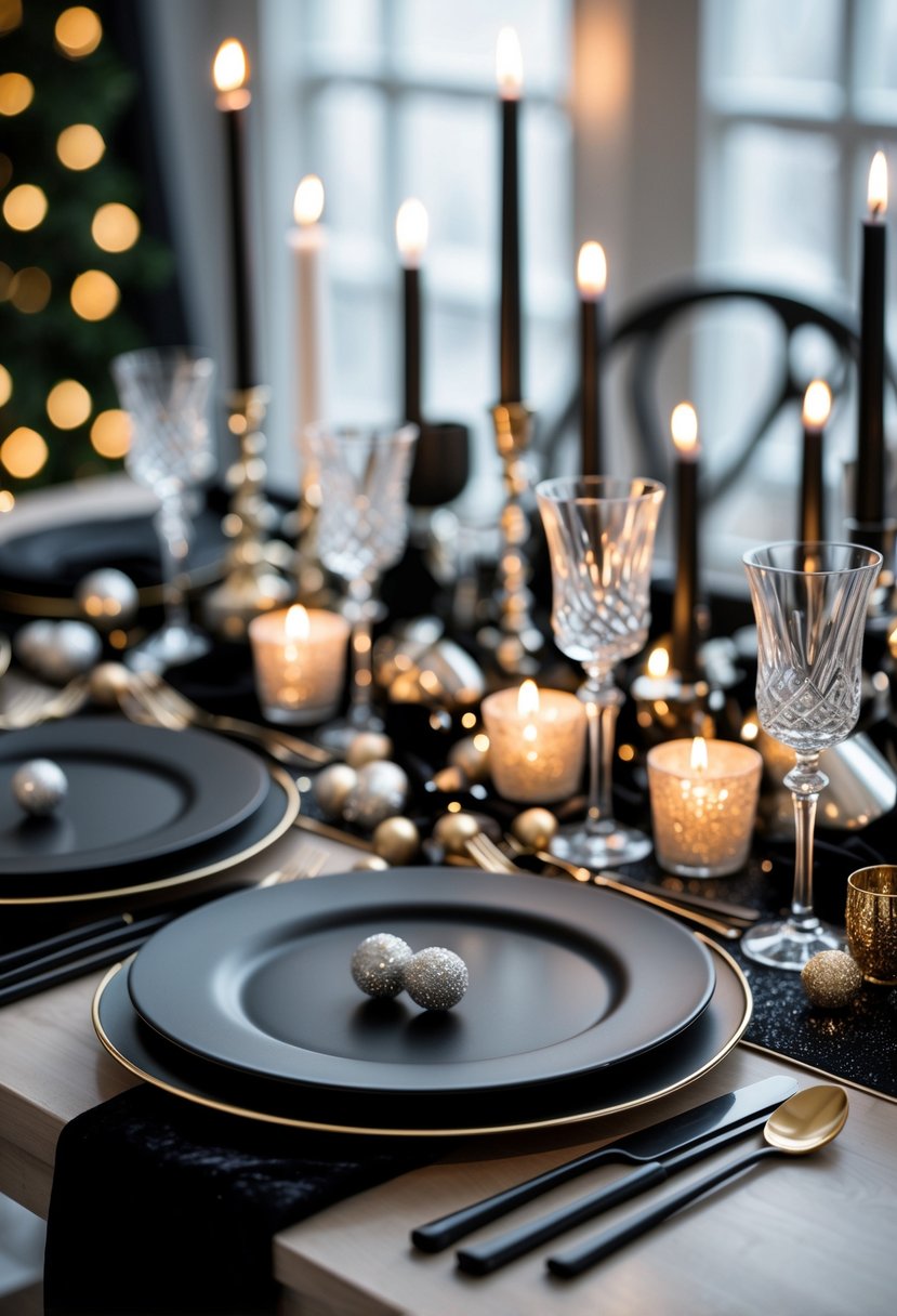 A New Year's Eve table set with black matte plates, silver and gold decorations, candles, glassware, and cutlery arranged on a festive dining table.