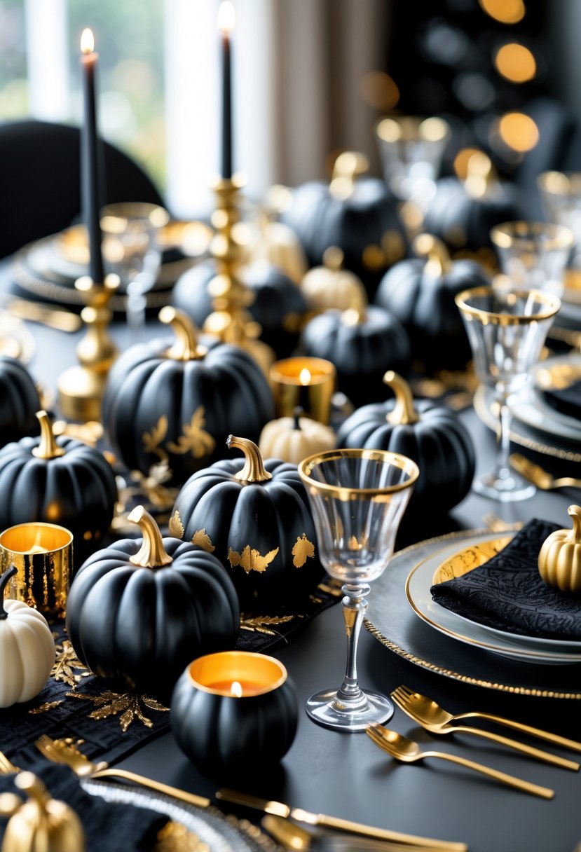 A dinner table set with small black pumpkins painted with gold accents, surrounded by black and gold plates, glasses, and candles.