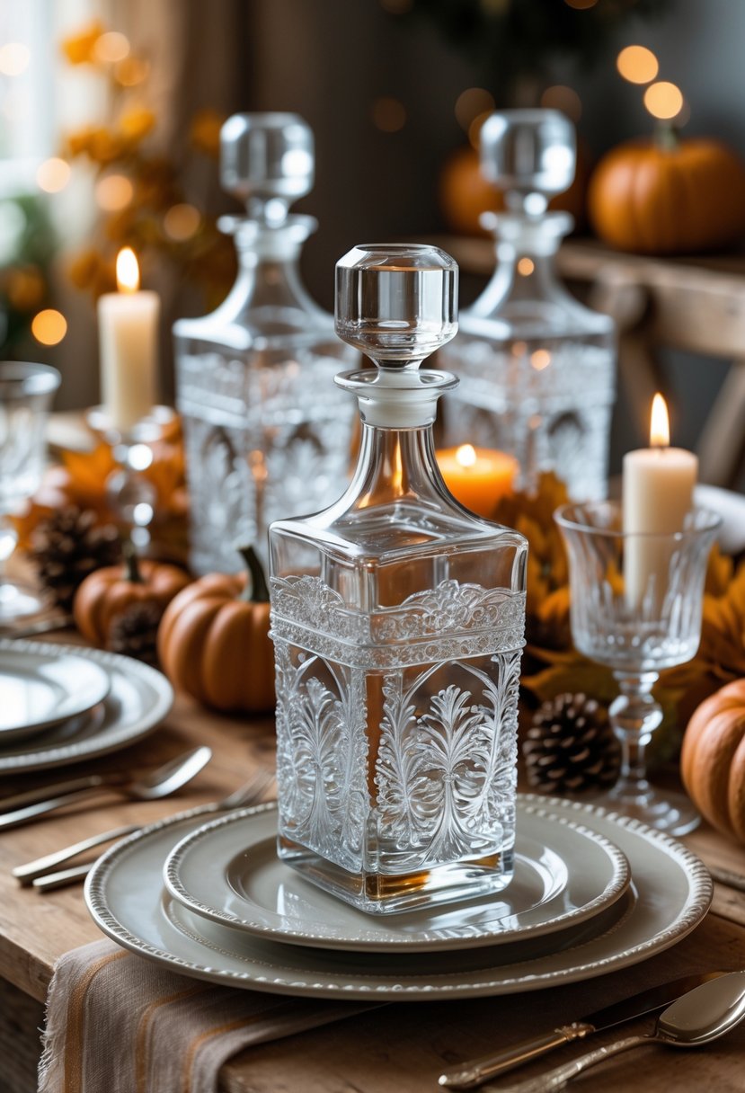 A Friendsgiving table set with clear glass water decanters with etched designs, surrounded by autumn decorations and tableware.