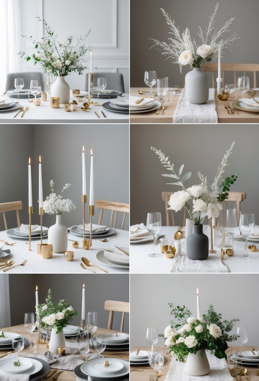 A table set with 16 elegant New Year's Eve centerpieces featuring candles, greenery, and simple dinnerware arranged neatly on neutral-colored tables.