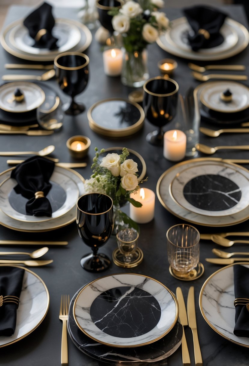 A dinner table set with black marble coasters with gold edges, black and gold plates, cutlery, and glasses arranged neatly with candles and flowers.