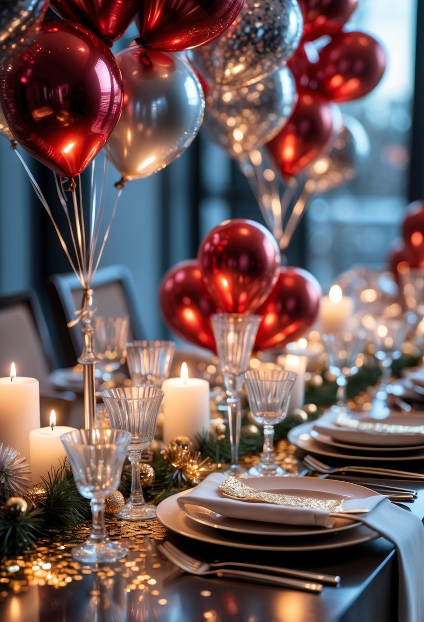 A New Year's Eve dining table decorated with red and silver balloon clusters, candles, and festive tableware.