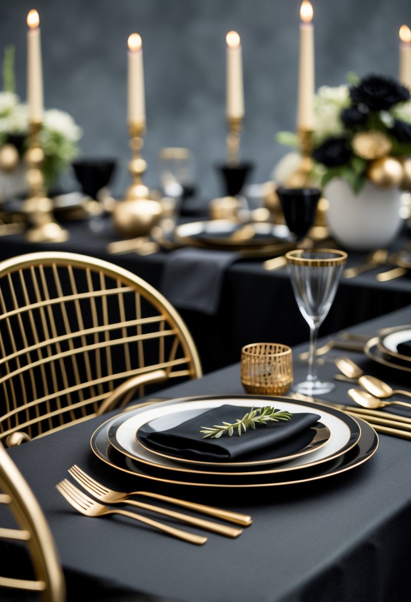 A dinner table set with gold wire chairs with black cushions, black and gold plates, gold cutlery, and matching decorative elements.