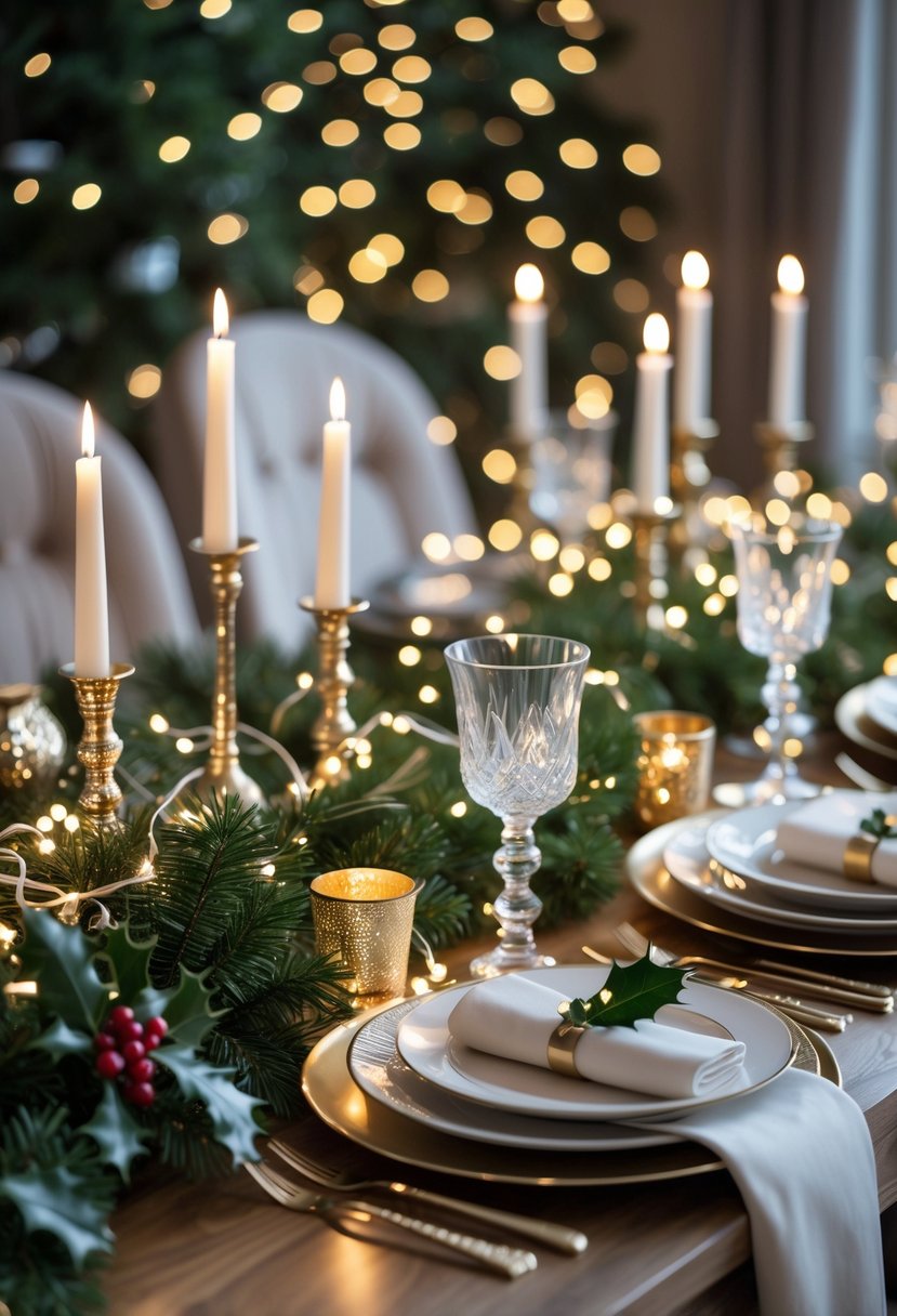 A New Year's Eve table decorated with green garlands and warm white LED fairy lights, set with candles, glassware, and plates.