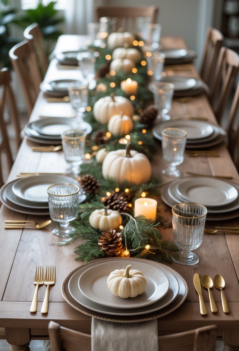 A Friendsgiving dining table set for 15 with a greenery garland and fairy lights running down the center, surrounded by plates, cutlery, candles, pumpkins, and autumn decorations.