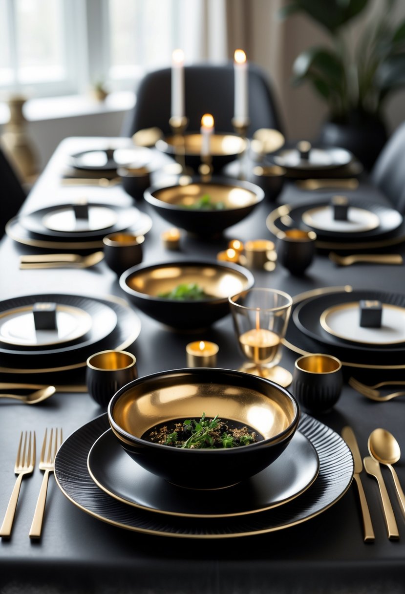 A dinner table set with black ceramic bowls featuring gold interiors, accompanied by matching black and gold plates, cutlery, and decorative elements.