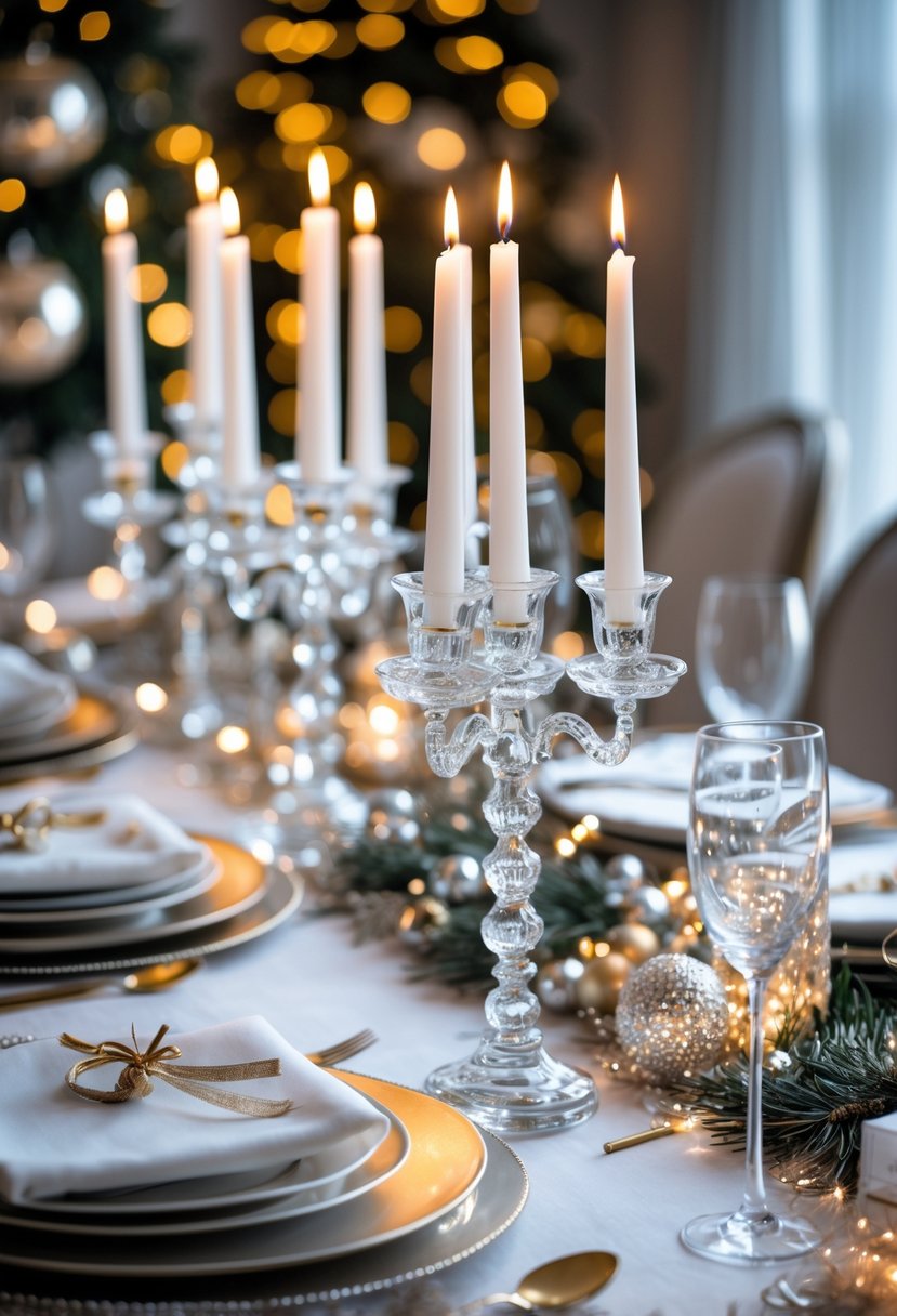 A dining table set for New Year's Eve with crystal candle holders holding white taper candles surrounded by festive decorations.