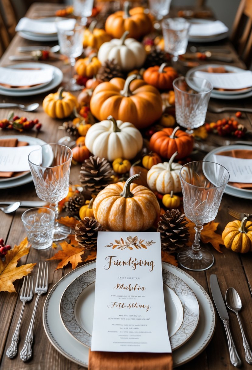 A Friendsgiving table set for fifteen people with personalized calligraphy name cards, autumn decorations, and elegant place settings.