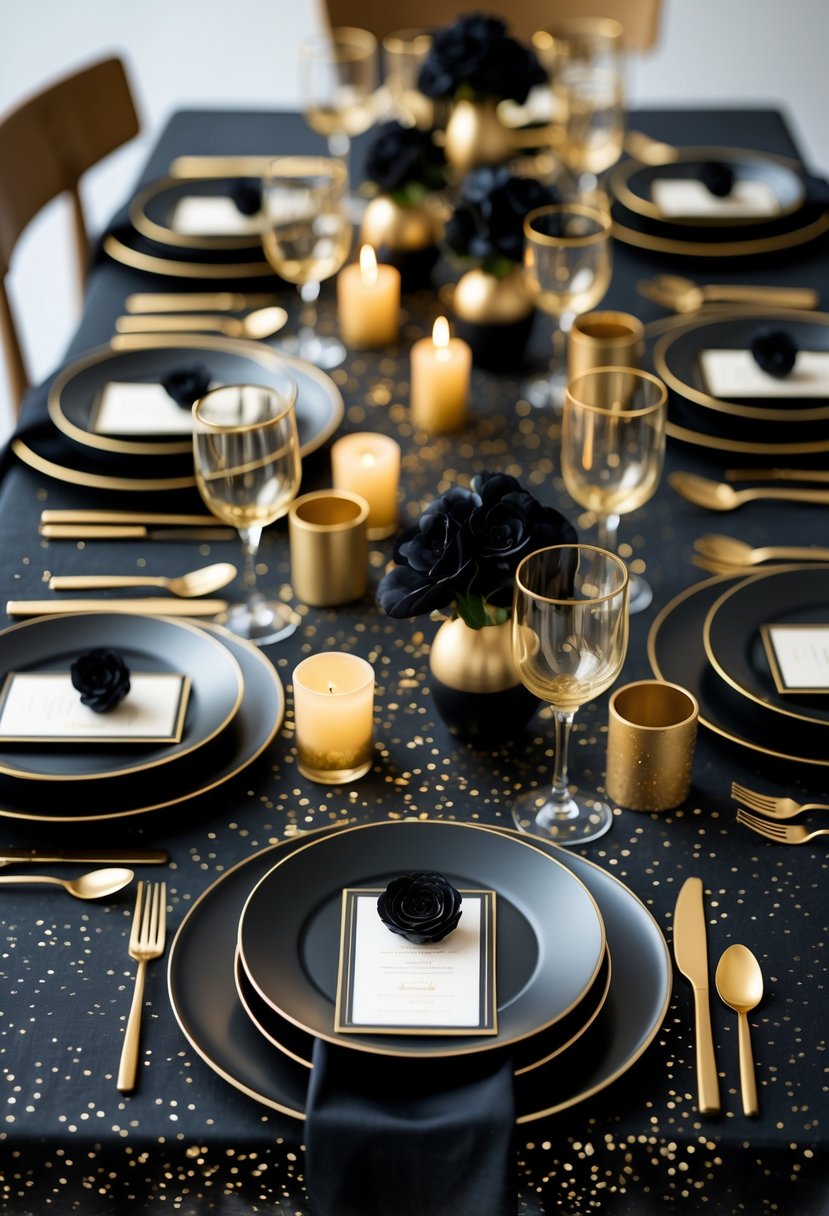 A black tablecloth with gold confetti and 15 black and gold dinner place settings arranged on a table.
