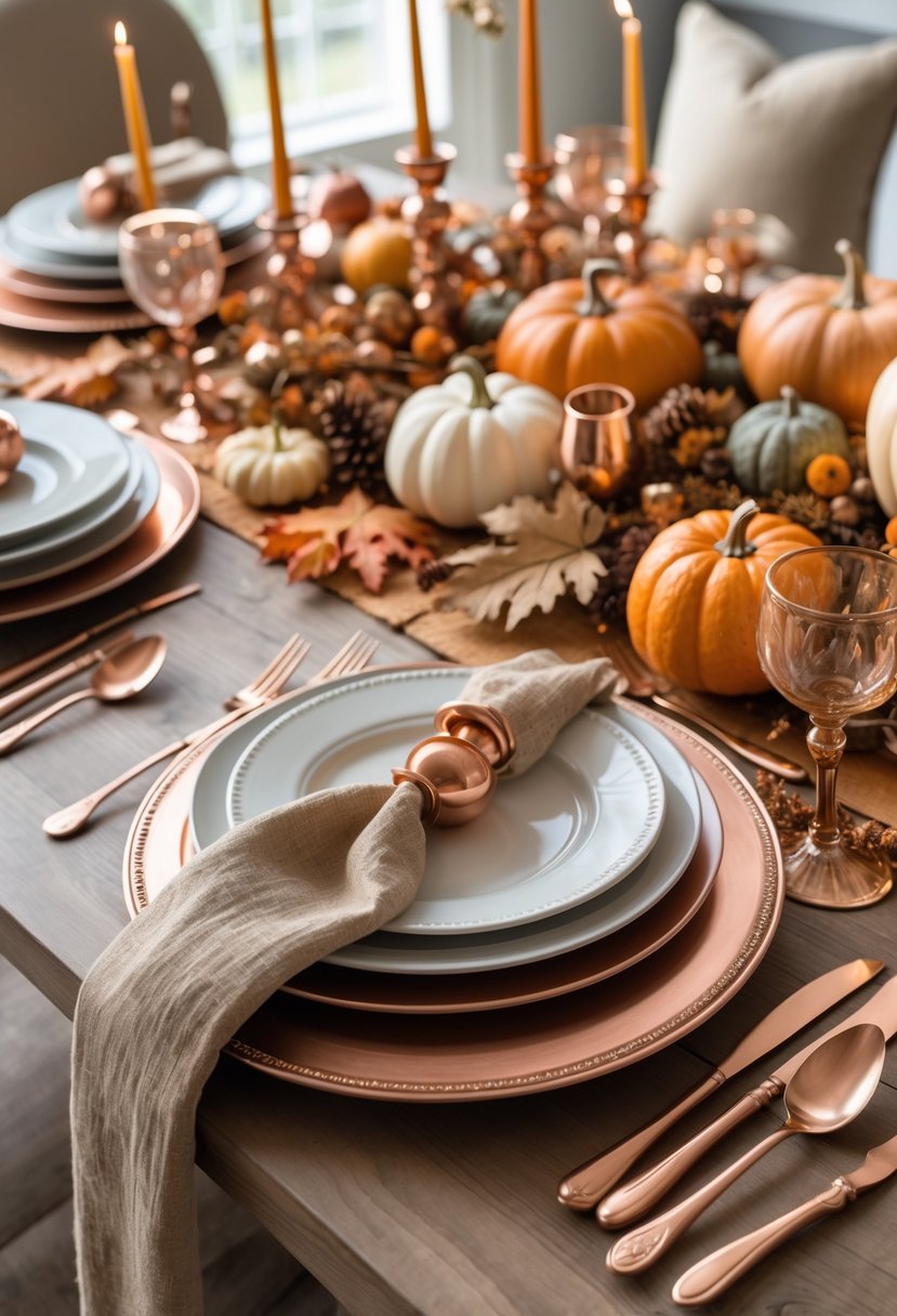 A dining table set for Friendsgiving with copper and bronze accents, autumn decorations, candles, and seasonal foliage.