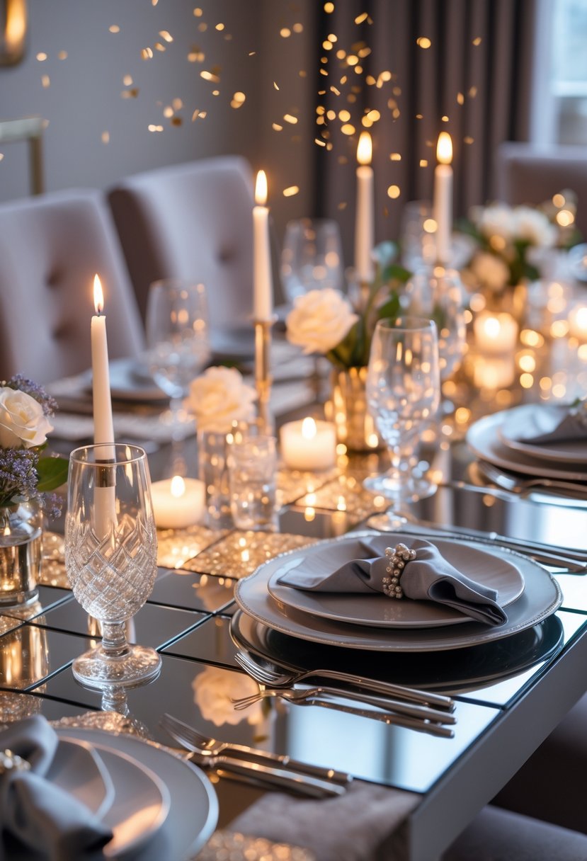 A New Year's Eve dining table with mirror tile placemats reflecting light, set with plates, glasses, silverware, candles, and floral decorations.