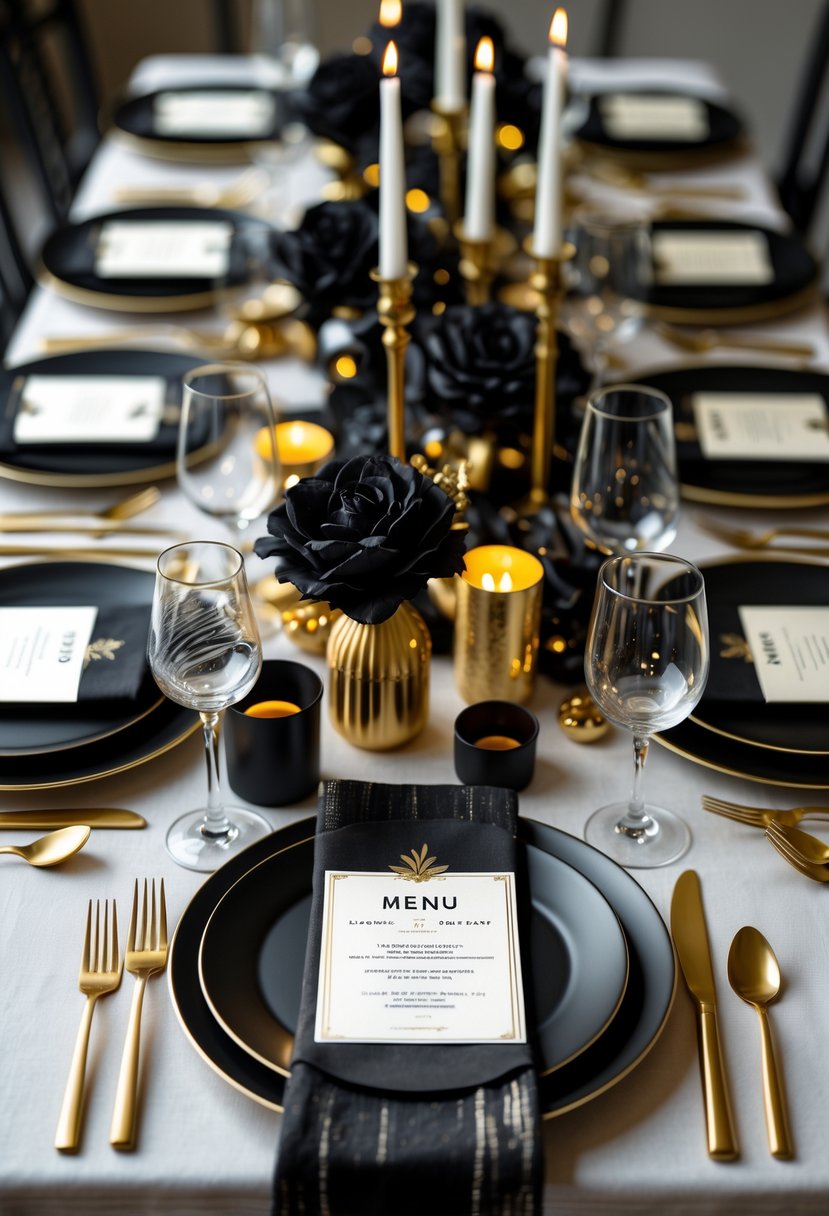 A dinner table set with black and gold menu cards, plates, cutlery, napkins, and decorative elements arranged in multiple elegant settings.