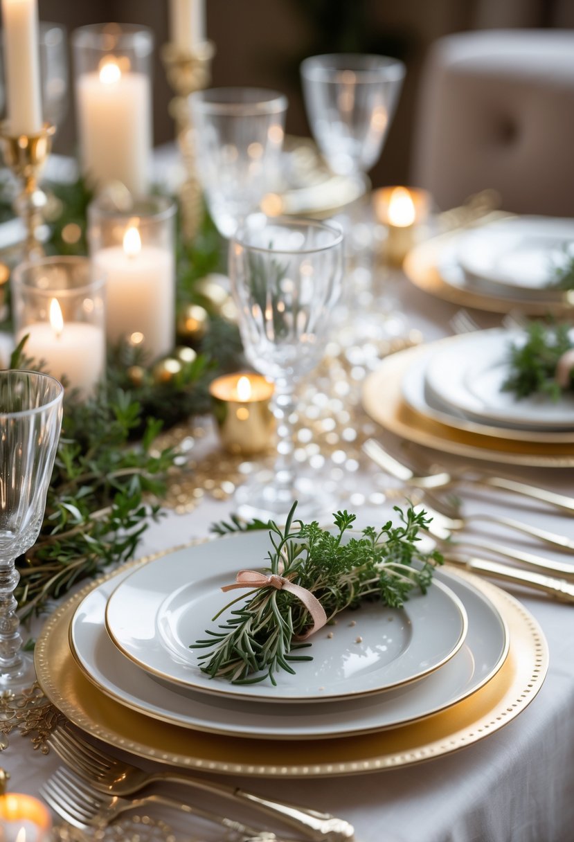 A New Year's Eve table set with cutlery tied with fresh herb sprigs, plates, glassware, and candles arranged neatly.