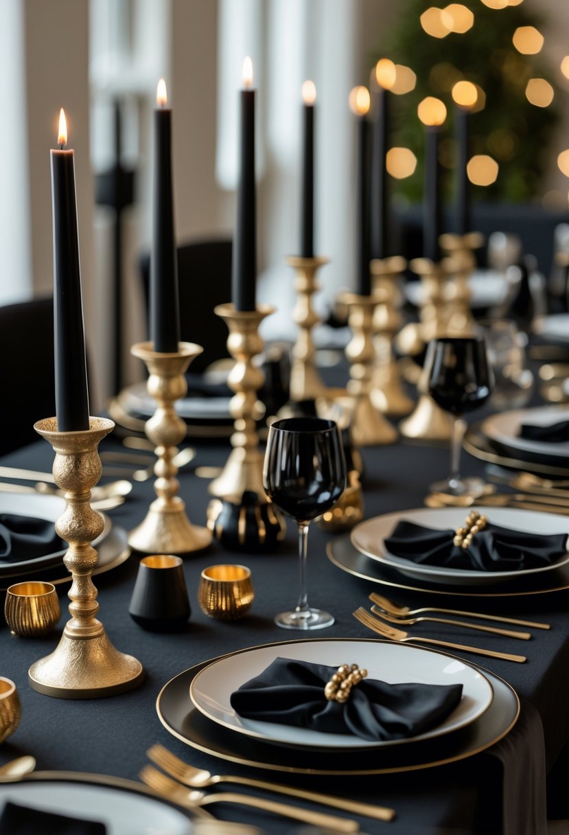 A dinner table set with black matte candlesticks featuring gold drip details, surrounded by black and gold plates, flatware, and decorations.