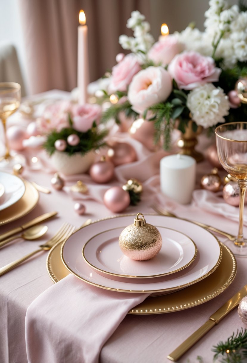 A Christmas table set with a soft blush pink tablecloth, gold-rimmed plates, pink floral decorations, and candles.