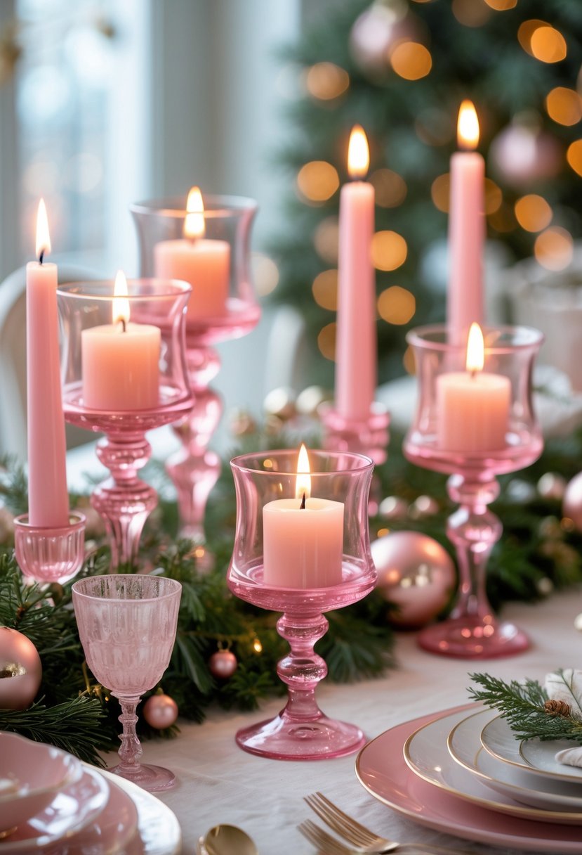 A Christmas table set with pink glass candle holders glowing warmly among decorations and tableware.