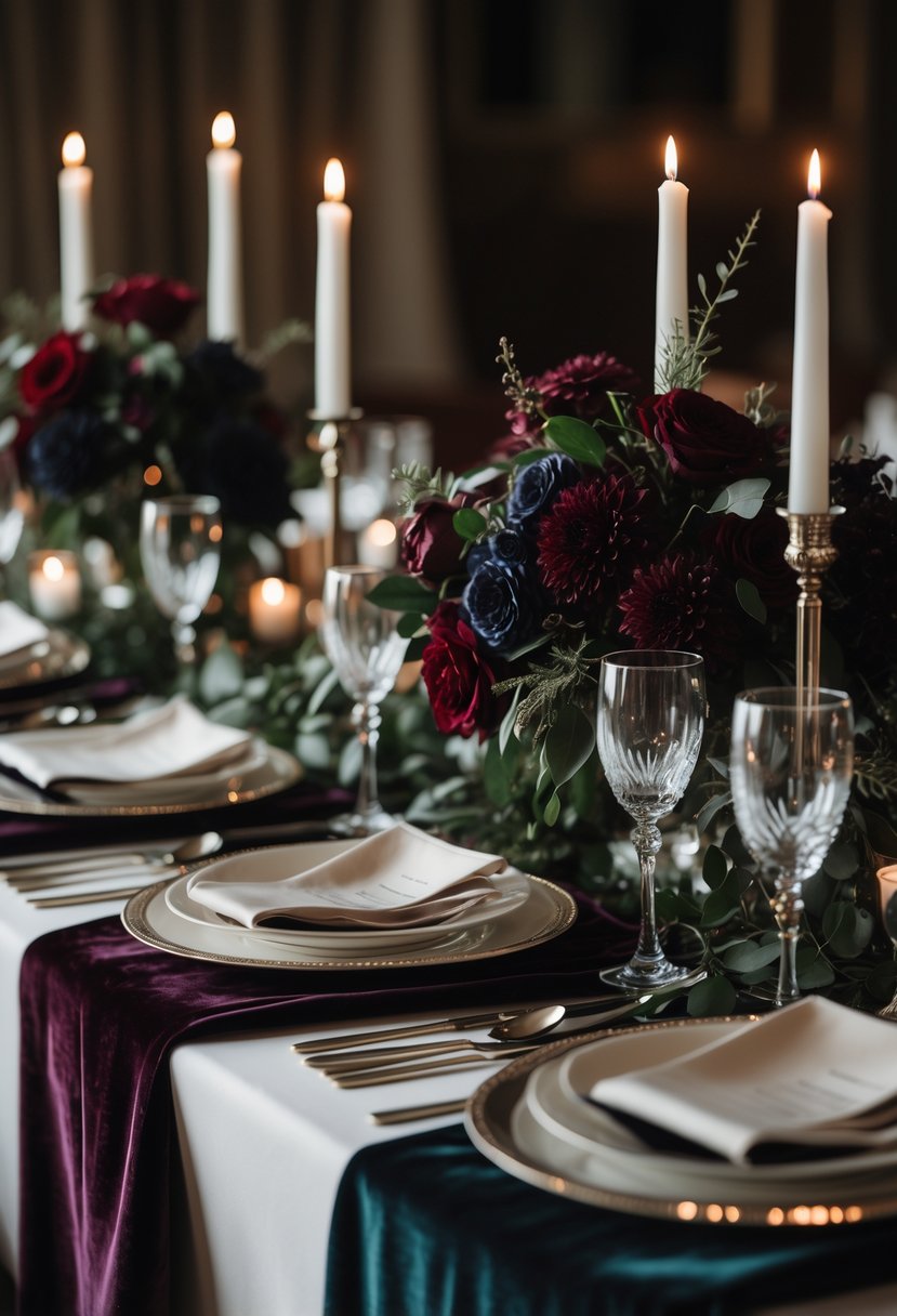 A wedding table set with dark velvet runners, elegant dinnerware, candles, and dark floral arrangements.