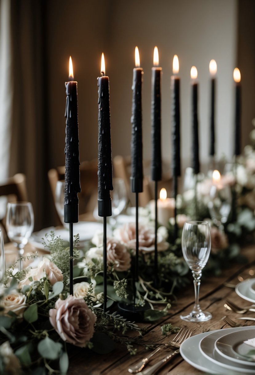 A wedding table with black taper candles, floral arrangements, glassware, and tableware arranged on a wooden surface.