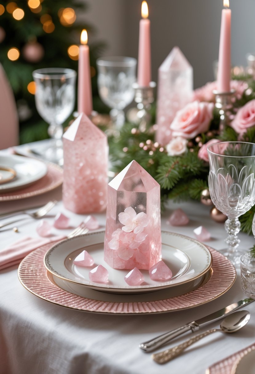 Christmas table set with pink rose quartz decor, pink flowers, white plates, and crystal glassware.