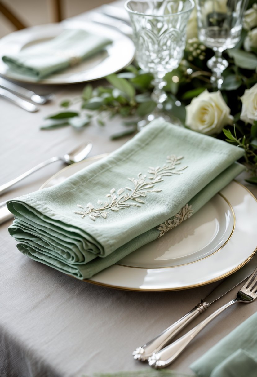 Close-up of layered sage green linen napkins with delicate embroidery arranged on a wedding table with plates, silverware, glassware, and greenery accents.