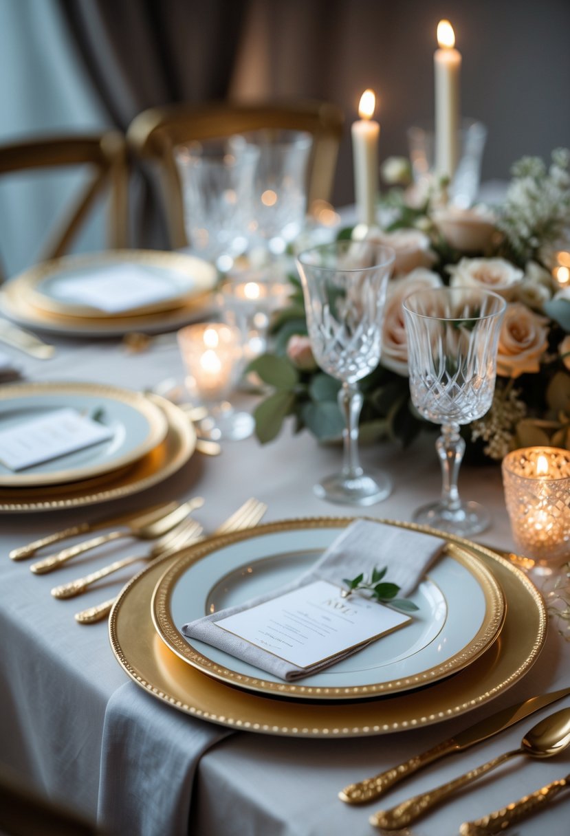 A wedding table set with gold-rimmed plates, crystal glasses, cutlery, napkins, and floral centerpieces under warm lighting.
