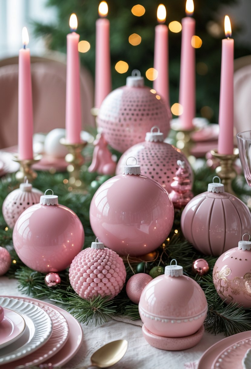 A Christmas table set with multiple pink ceramic decorative ornaments, candles, and greenery arranged on pink and white linens.