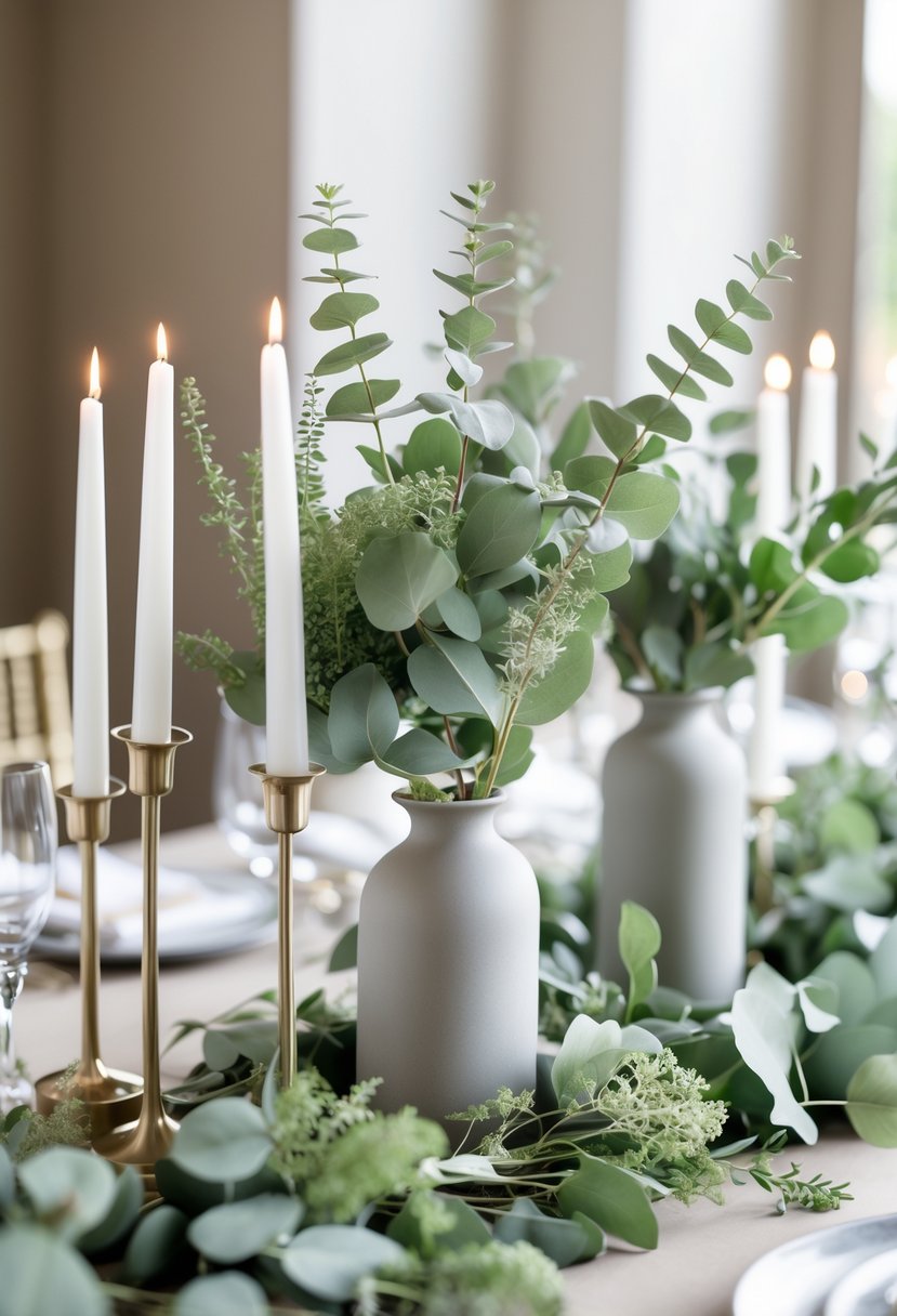 Wedding table set with eucalyptus centerpieces and white candles arranged on a sage green-themed table.
