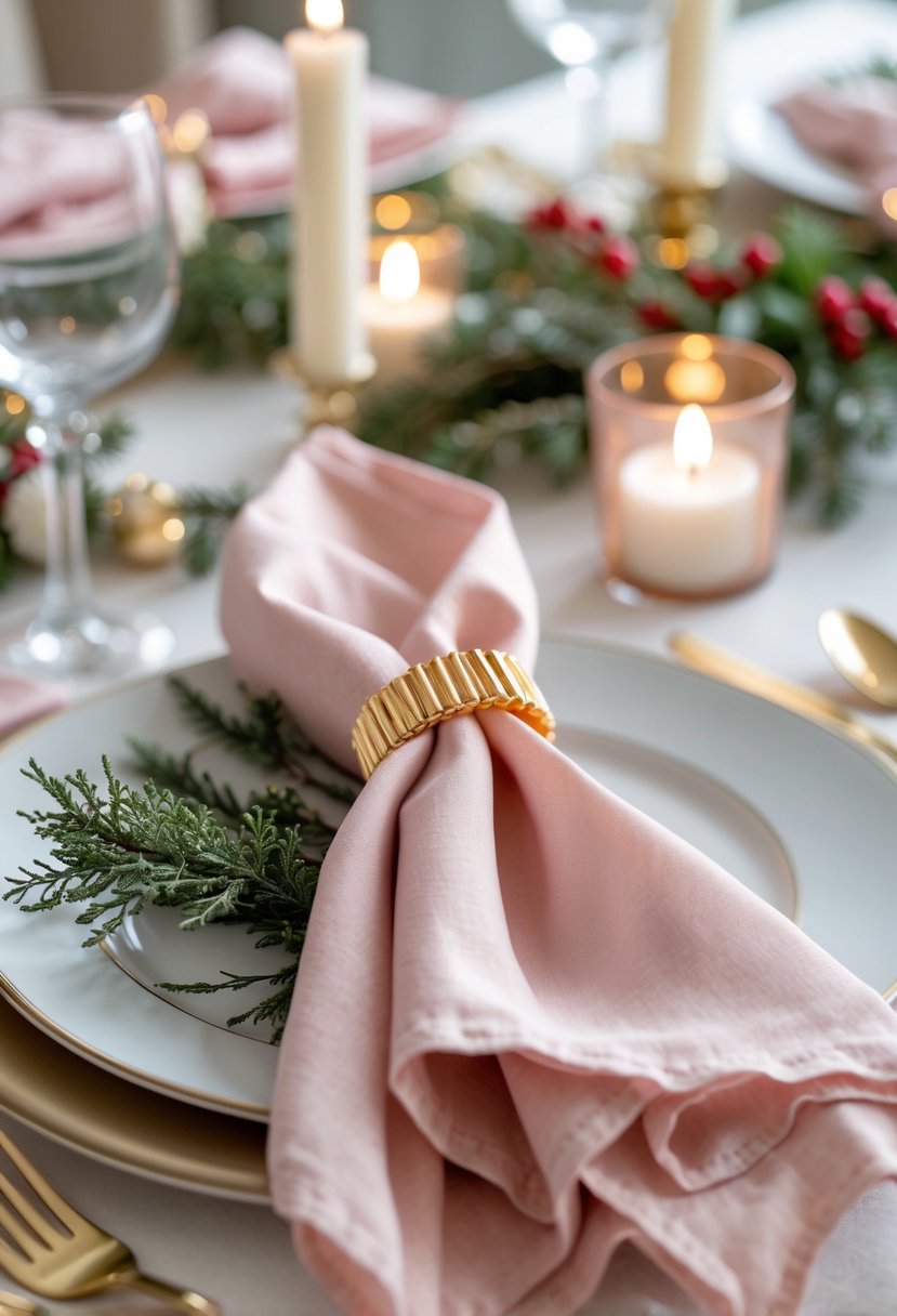 A Christmas table setting with blush pink napkins held by gold napkin rings, surrounded by festive decorations and greenery.