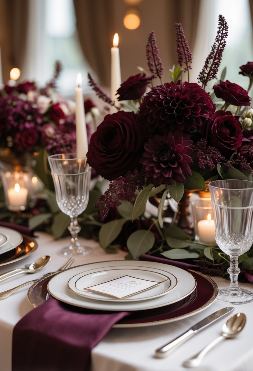 A wedding table set with deep burgundy flowers, plates, silverware, glassware, and candles creating an intimate atmosphere.