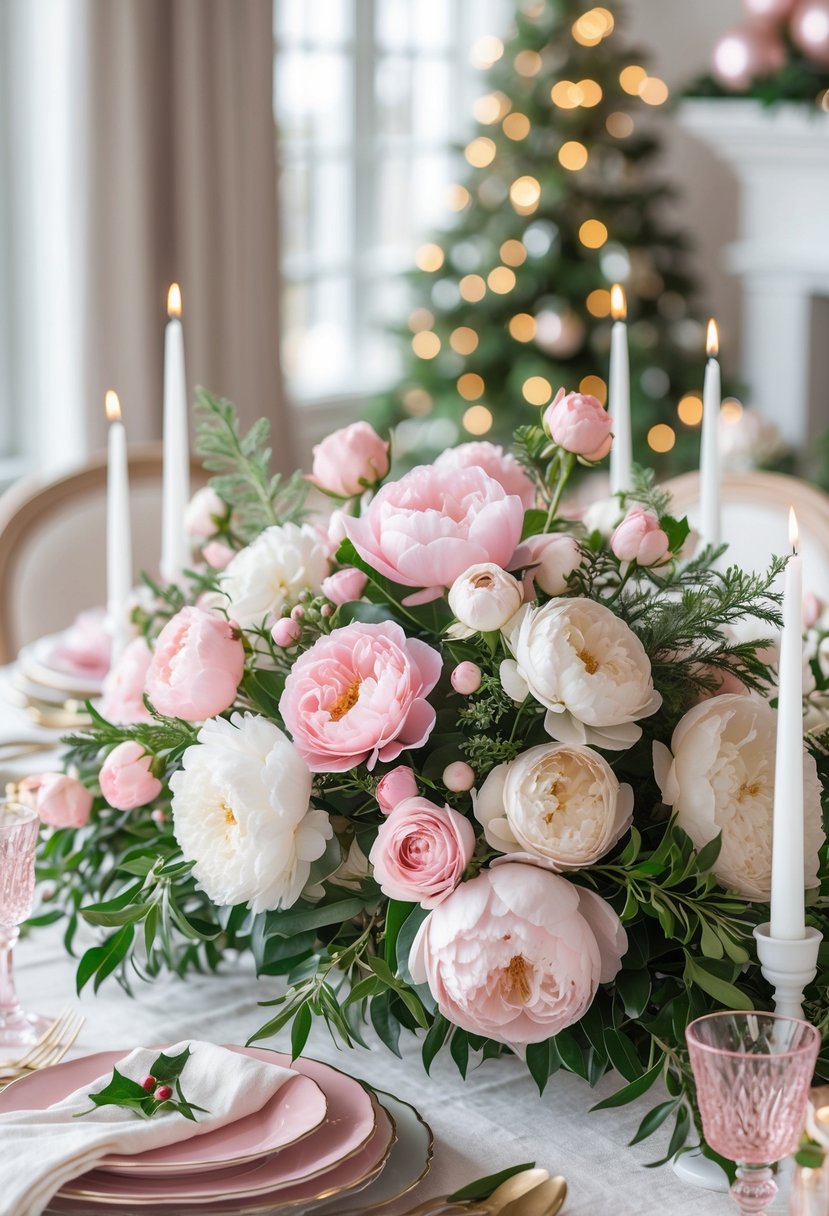 A Christmas table set with a pink and white floral centerpiece of roses and peonies surrounded by tableware and candles.